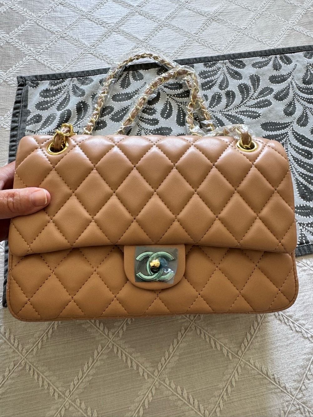 Classic Quilted Tan Shoulder Bag with gold Chain